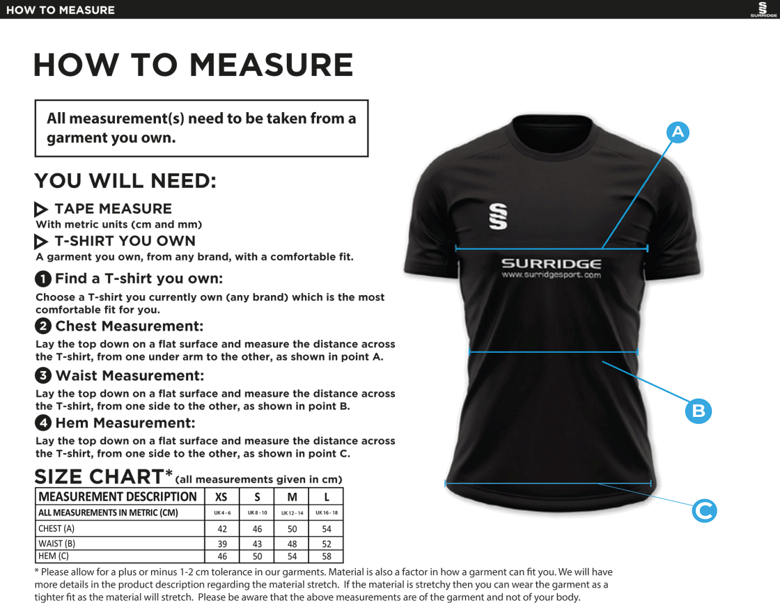 Bradfield CC - Impact T-Shirt - Ladies Fit - Size Guide