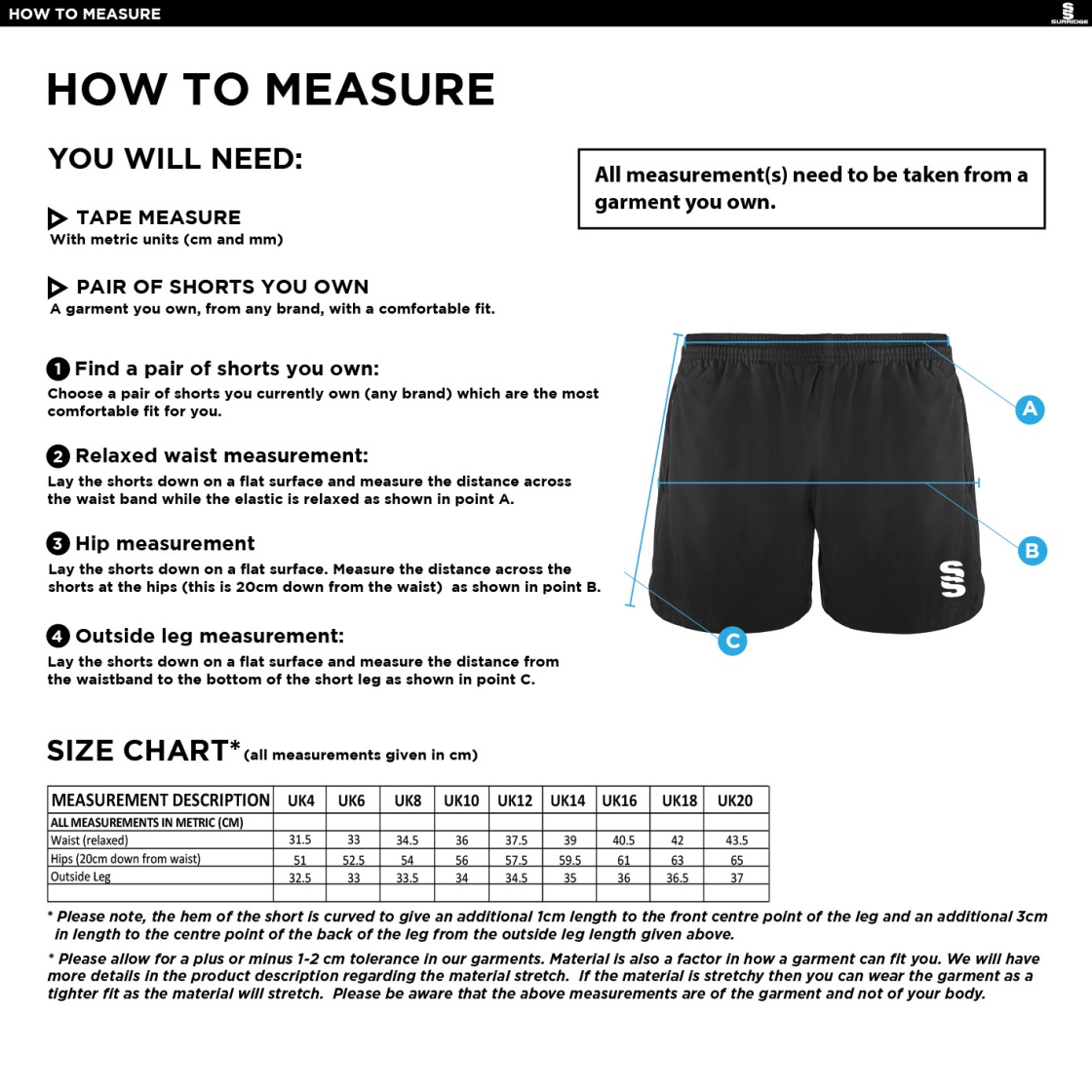 Bradfield CC - Performance Gym Short - Ladies Fit - Size Guide