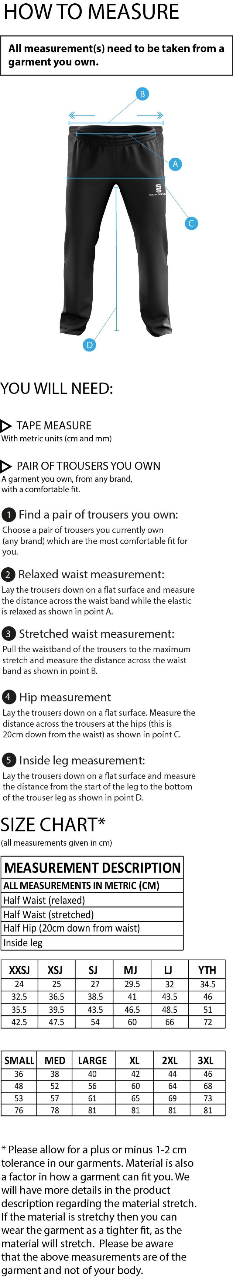 Bradfield CC - Dual Poplin Track Pant with Lyrcra - Men's/Junior Fit - Size Guide