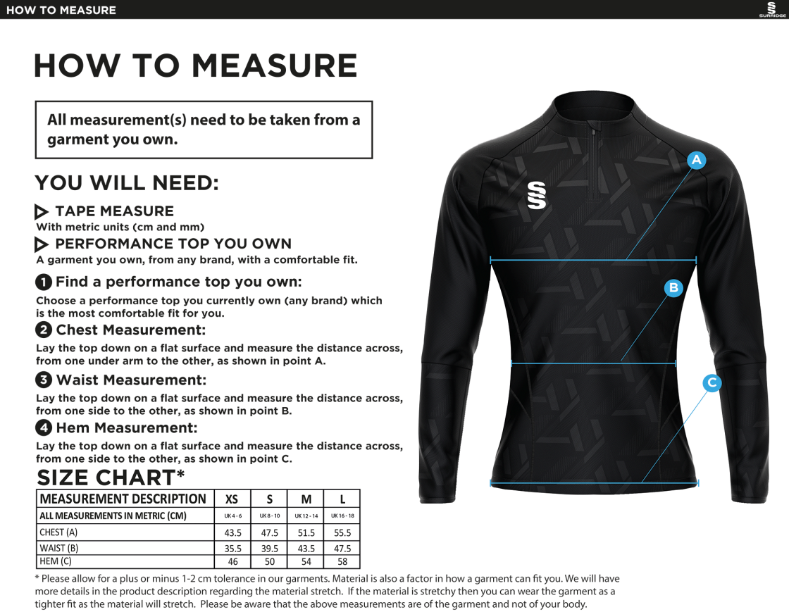 Bradfield CC - Impact 1/4 Zip Performance Top - Ladies Fit - Size Guide