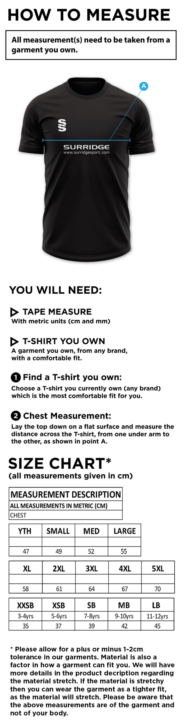 Bradfield CC - Dual Solid Colour Polo - Men's/Junior Fit - Size Guide