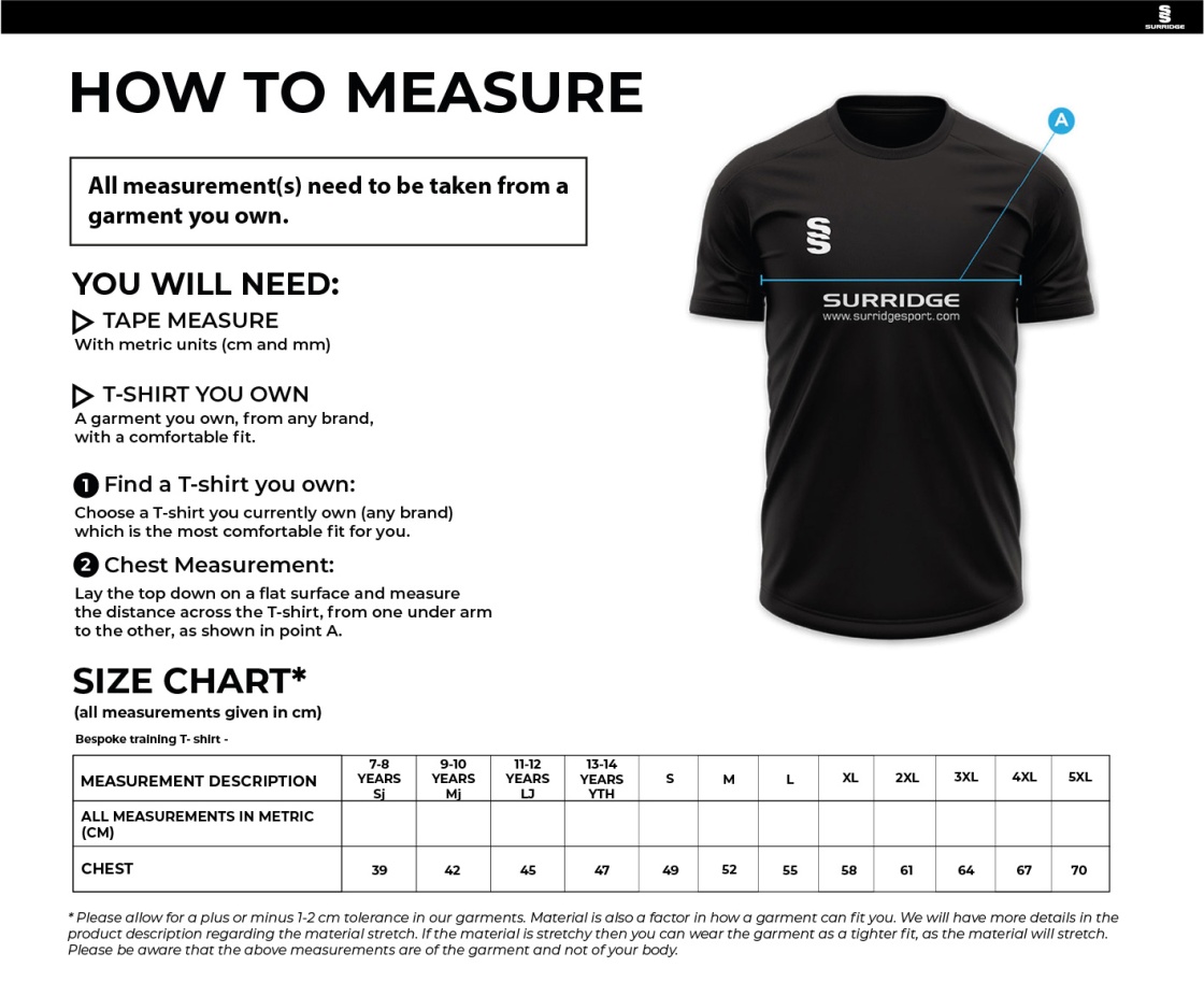 Bradfield CC - Impact T-Shirt - Men's/Junior Fit - Size Guide