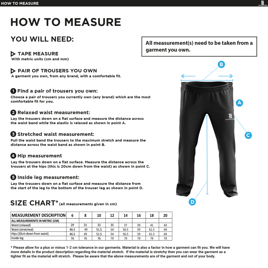 Bradfield CC - Dual Poplin Track Pant with Lycra - Ladies Fit - Size Guide