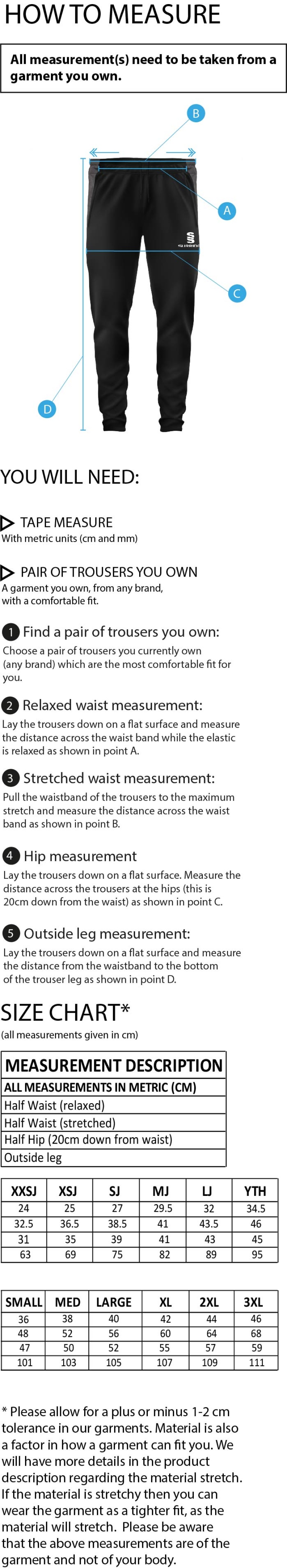 Bradfield CC - Dual Skinny Pant - Unisex Fit - Size Guide