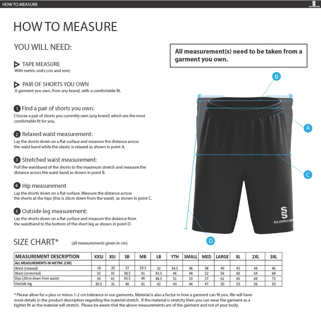 Bradfield CC - Fuse Shorts - Unisex Fit - Size Guide
