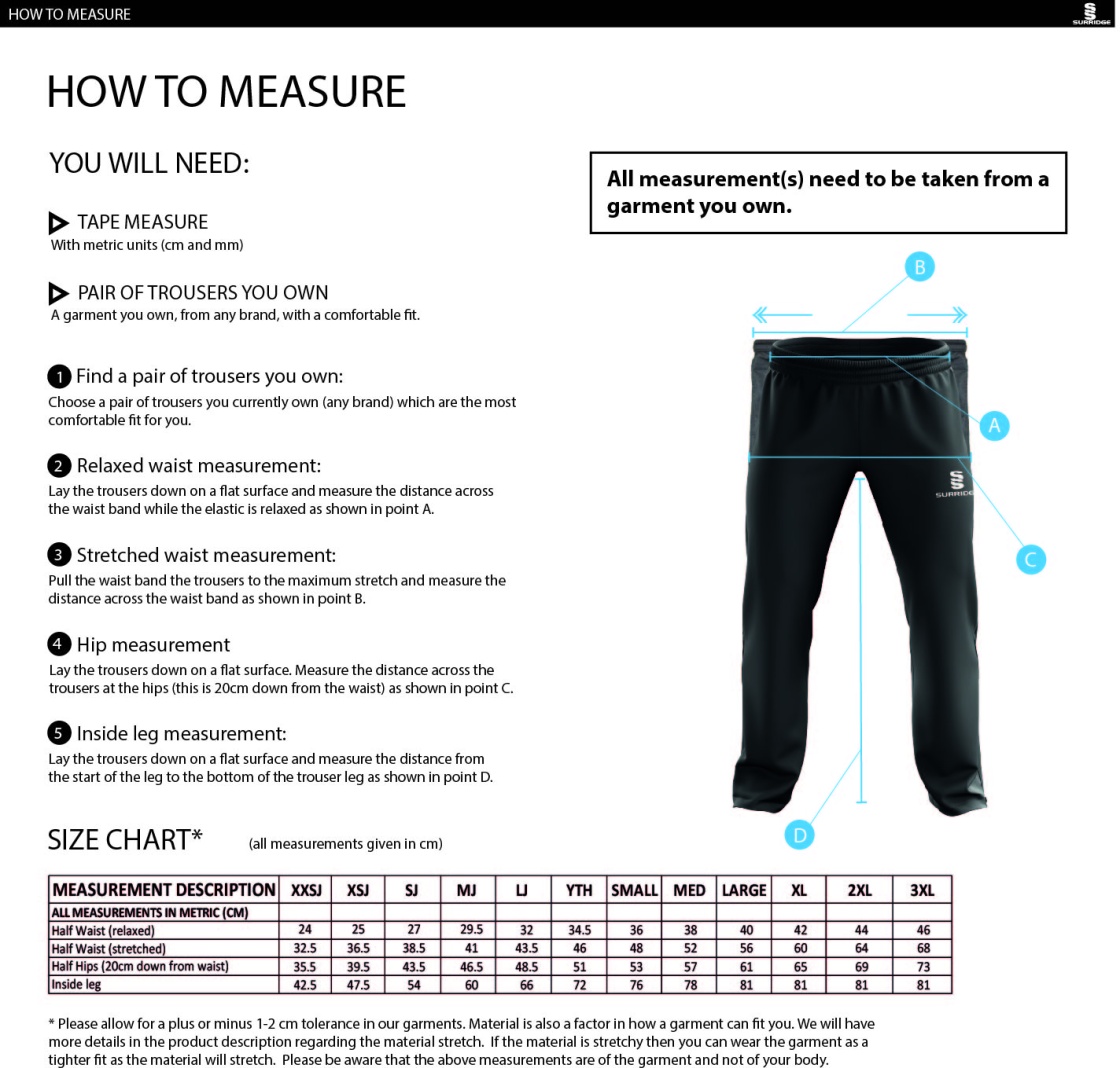 Bradfield CC - Dual Poplin Track Pant with Lyrcra - Men's/Junior Fit - Size Guide