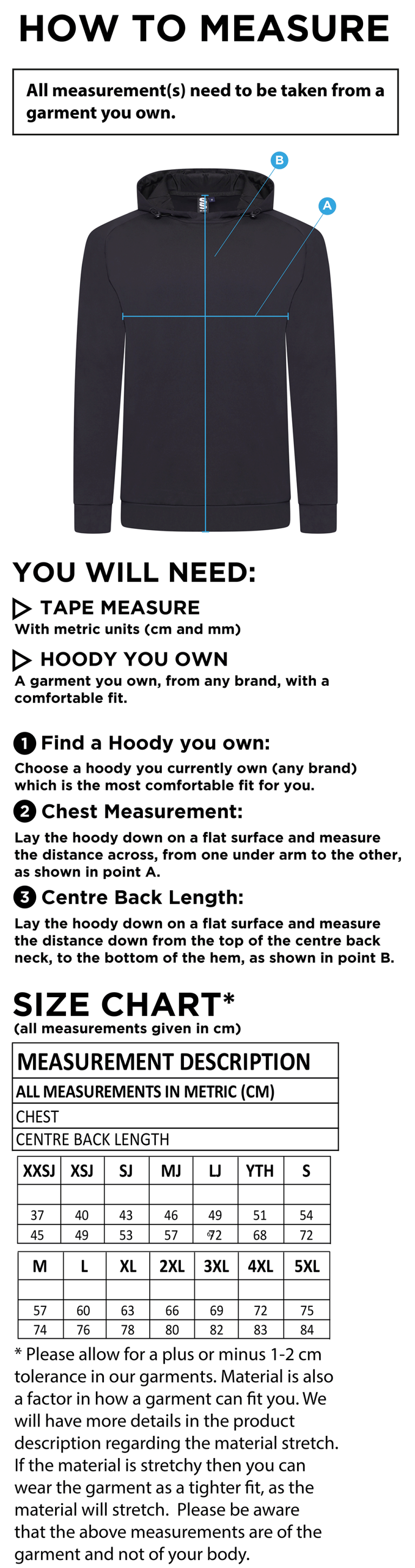 Bradfield CC - Active Hoody - Unisex Fit - Size Guide