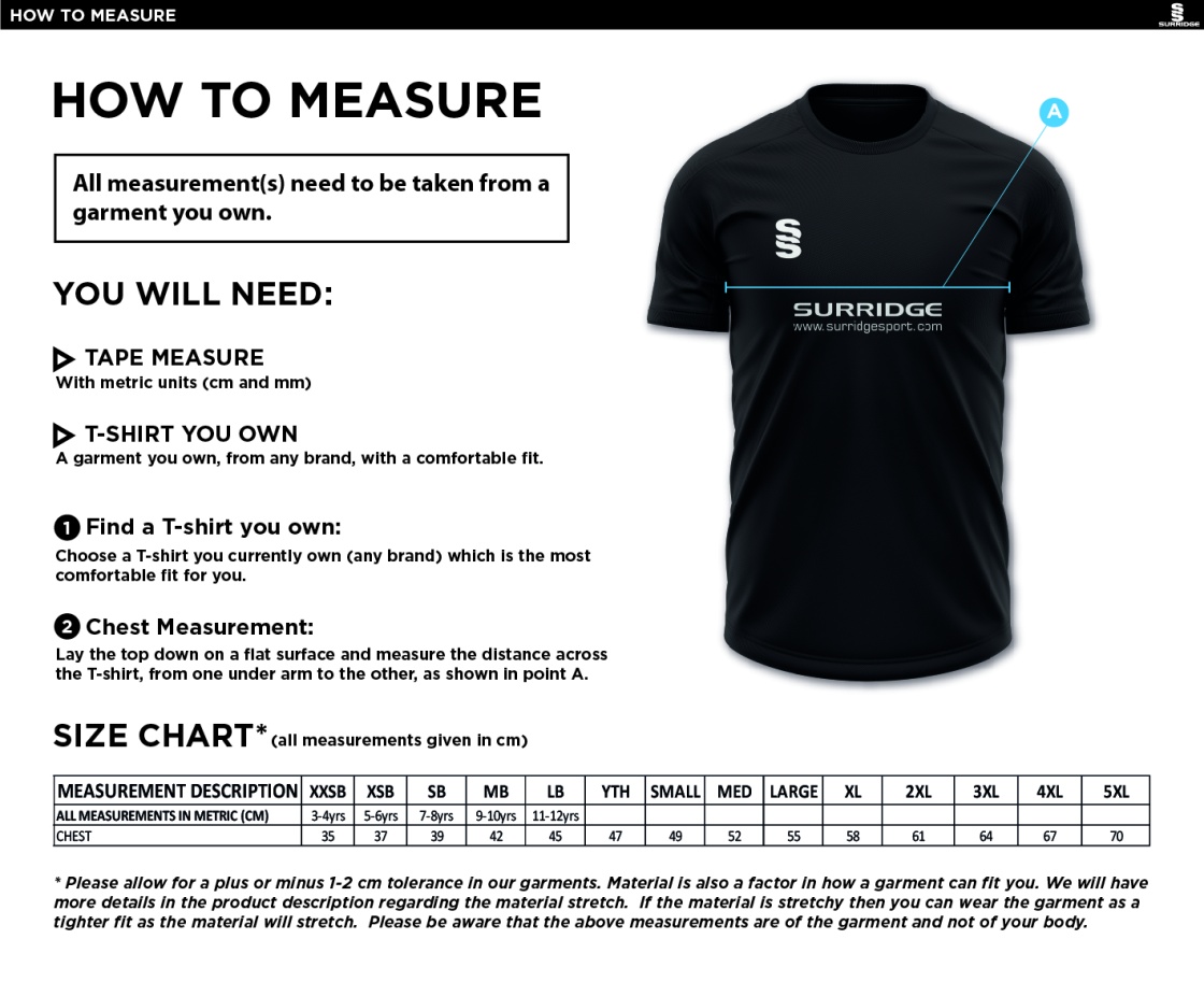 Bradfield CC - Dual Solid Colour Polo - Men's/Junior Fit - Size Guide