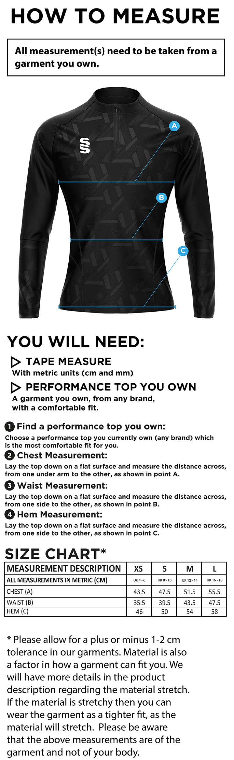Bradfield CC - Impact 1/4 Zip Performance Top - Ladies Fit - Size Guide