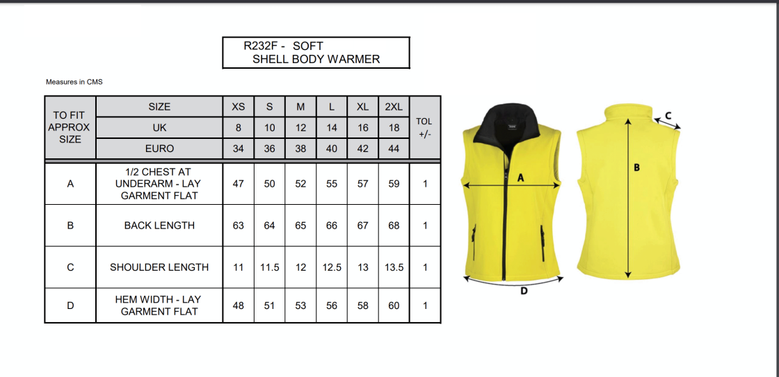 Bradfield CC - Softshell Gilet - Navy - Ladies Fit - Size Guide