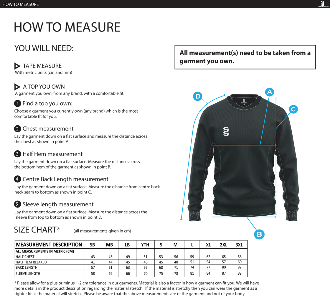 Bradfield CC - Run Out Top - Unisex Fit - Size Guide