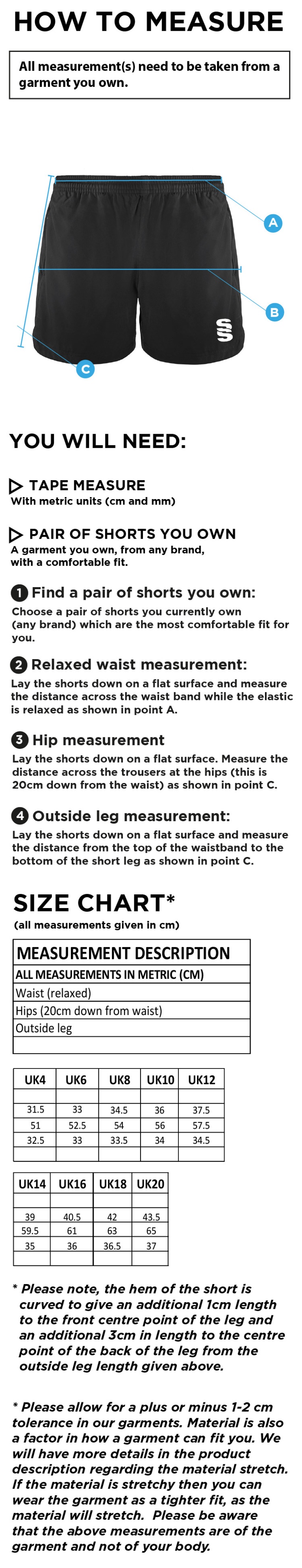 Bradfield CC - Performance Gym Short - Ladies Fit - Size Guide