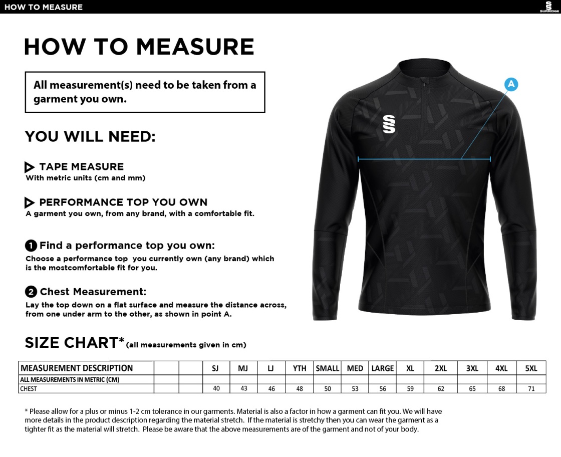Bradfield CC - Impact 1/4 Zip Performance Top - Men's/Junior Fit - Size Guide
