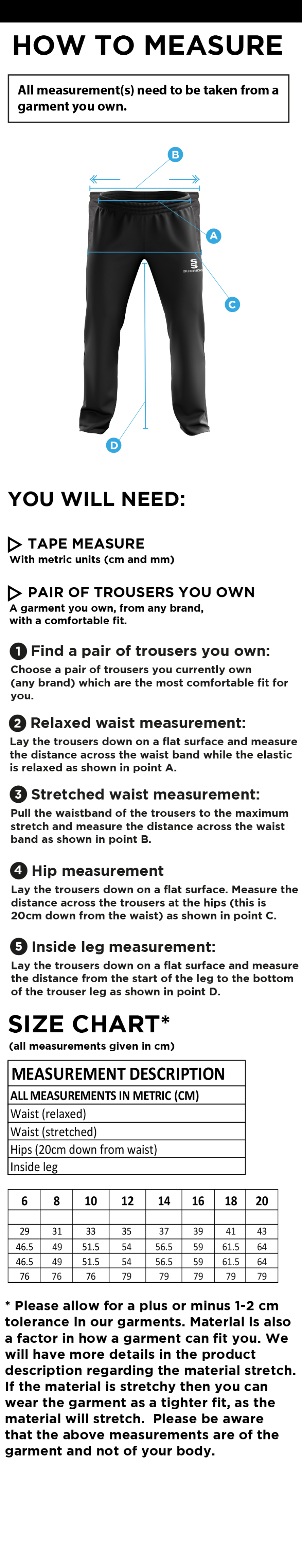 Bradfield CC - Dual Poplin Track Pant with Lycra - Ladies Fit - Size Guide