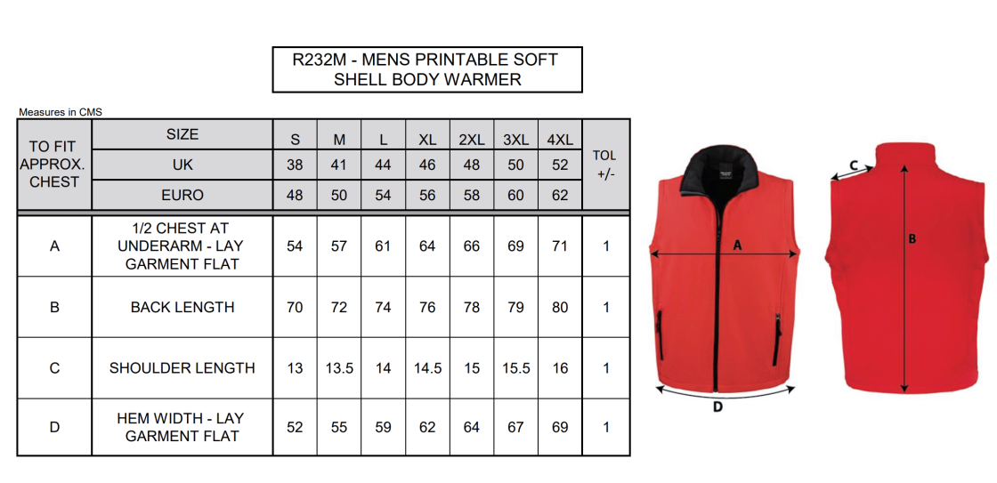 Bradfield CC - Softshell Gilet - Men's/Junior Fit - Size Guide