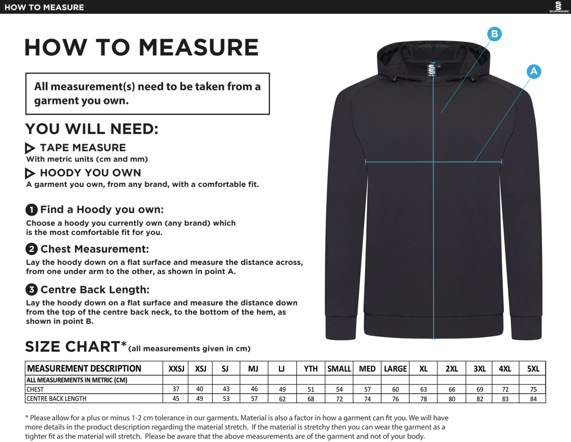 Bradfield CC - Active Hoody - Unisex Fit - Size Guide