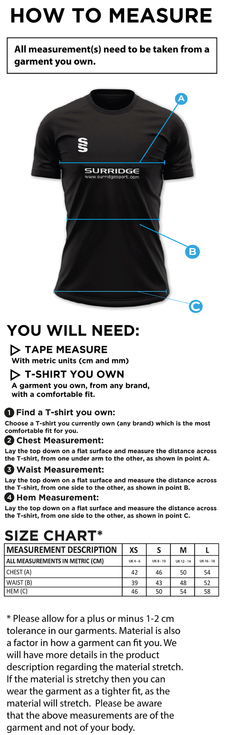 Bradfield CC - Impact T-Shirt - Ladies Fit - Size Guide